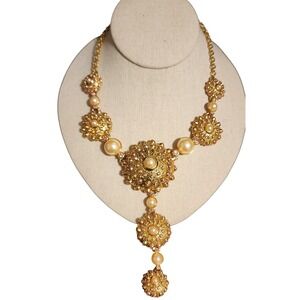 Hutton Wilkinson Heavy Pink Rhinestone Gold Tone Faux Pearl Statement Necklace